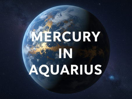 Planet Merkur im All mit weißer Schrift "Mercury in Aquqrius"
