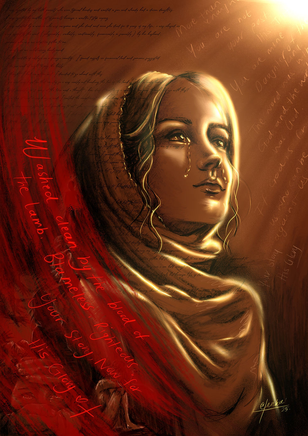 Woman with a headscarf and tears in a glowing golden light; red text reads "Washed clean by the blood of the lamb." Mournful mood.