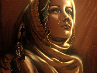 Sepia drawing of woman in head scarf