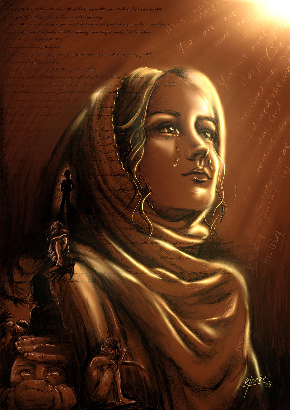 Sepia drawing of woman in head scarf