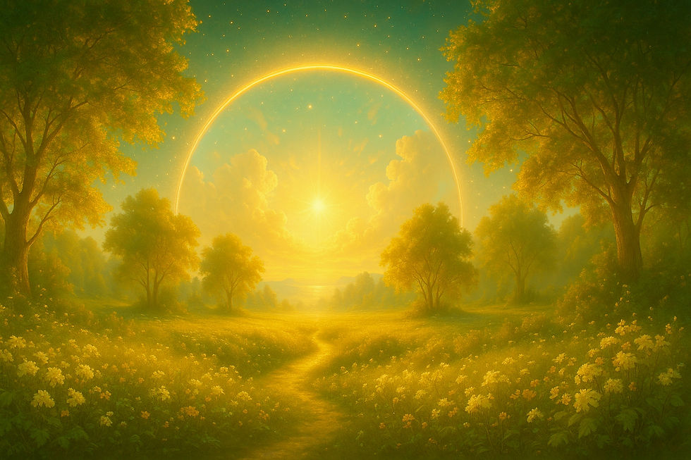 „Lichtdurchfluteter Waldweg im goldenen Abendlicht – Symbol für den Weg der Seele und spirituelle Rückführungen