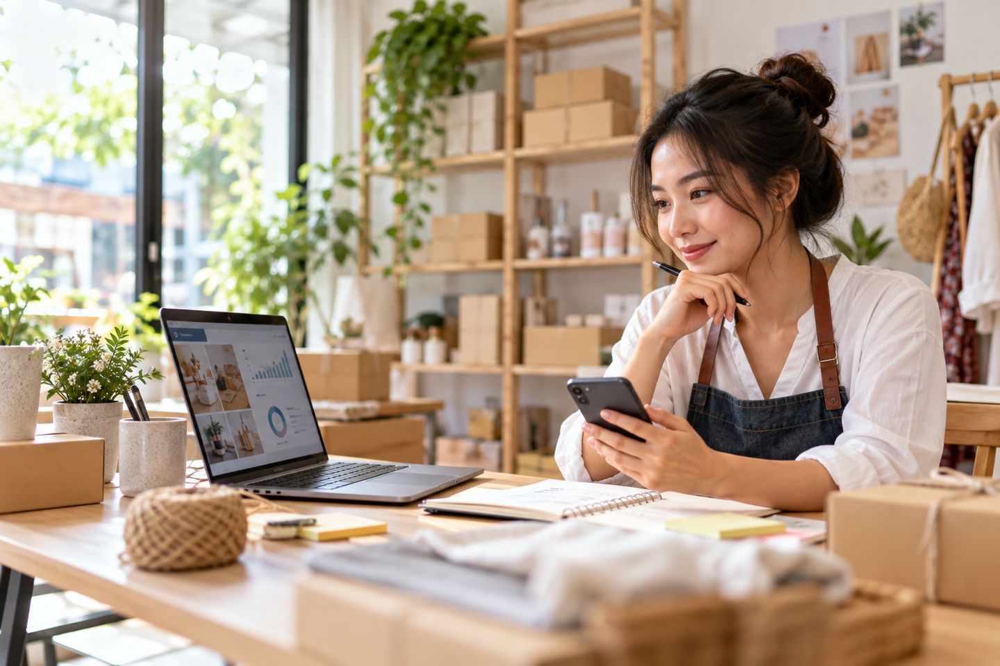 เจ้าของธุรกิจขนาดเล็กวางแผนการตลาดออนไลน์ด้วยแล็ปท็อปและโทรศัพท์