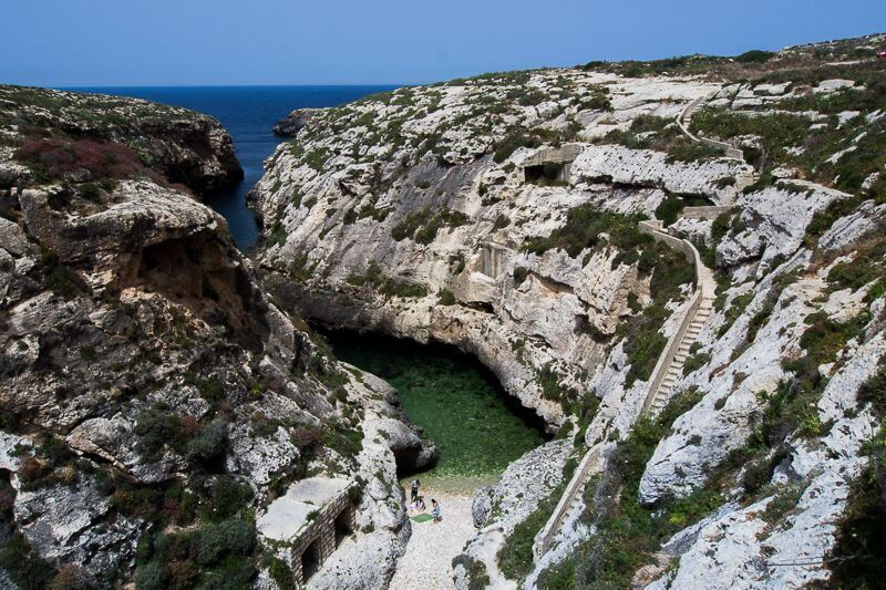 Gozo Malta coastline near Dwejra with crystal clear Mediterranean water famous for Blue Hole and Inland Sea diving