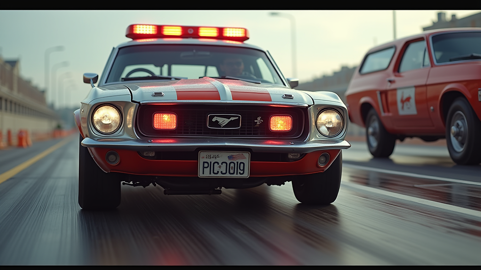 Eye-level view of a race car adorned with first responder insignia