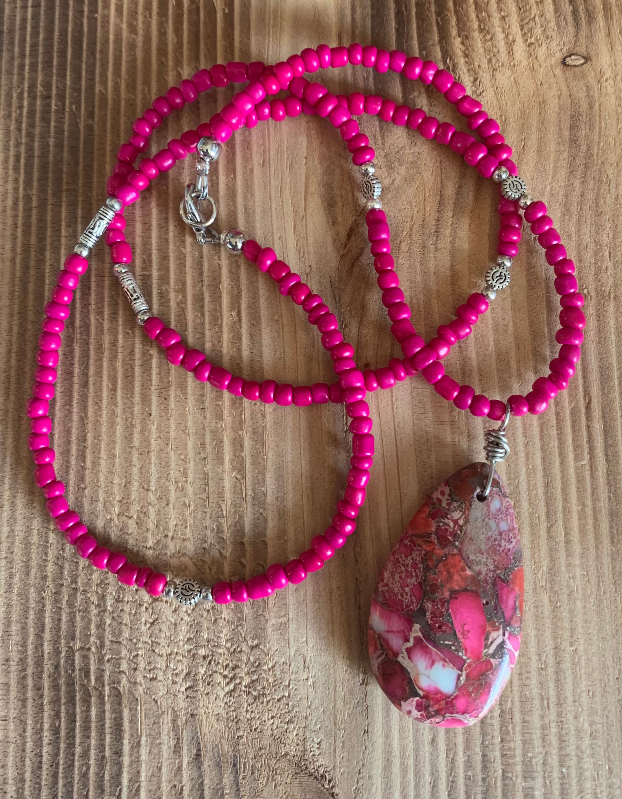 Glass Beaded Necklace w/ Imperial Jasper Gemstone Pendant