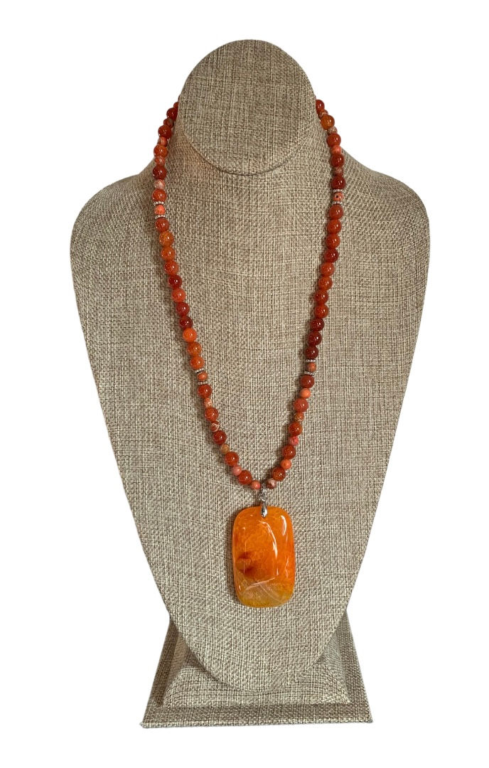 Orange Agate & Orange Imperial Jasper Gemstone Necklace w/ Orange Agate Pendant