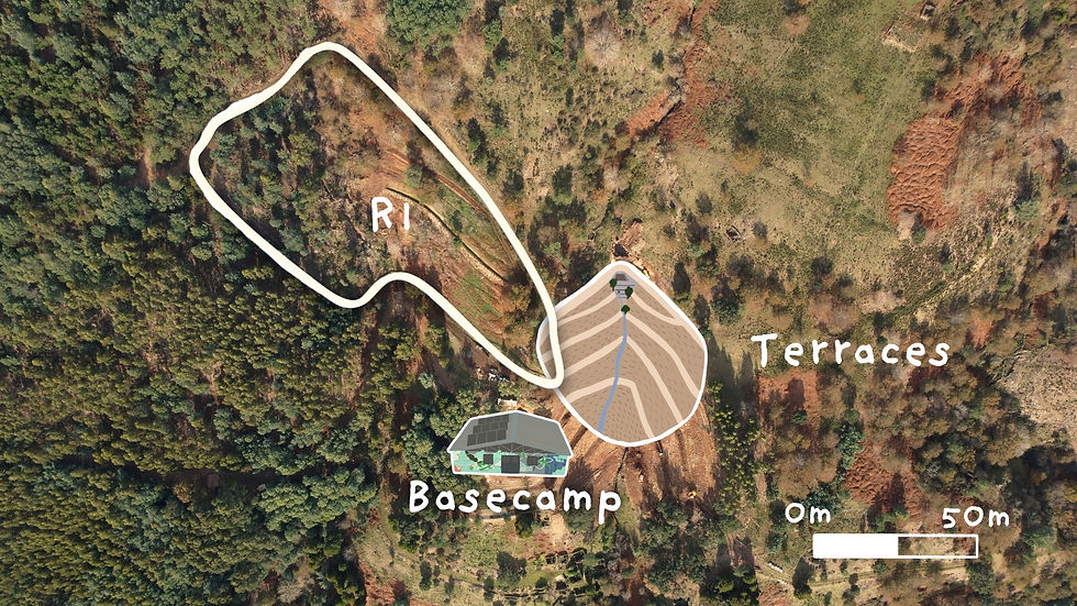 Drone photo of Silveiratech land with drawings and legend indicating basecamp, terraces and R1 area.