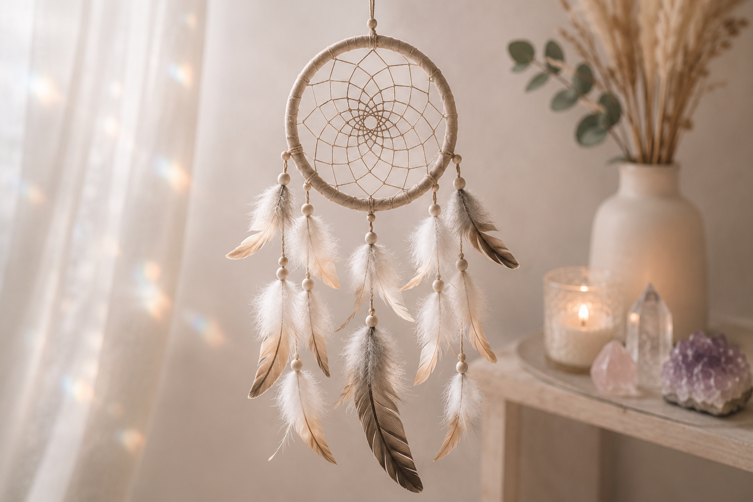 Dreamcatcher hanging in soft natural light with neutral tones and gentle textures, symbolizing dream exploration, intuition, and subconscious wisdom.