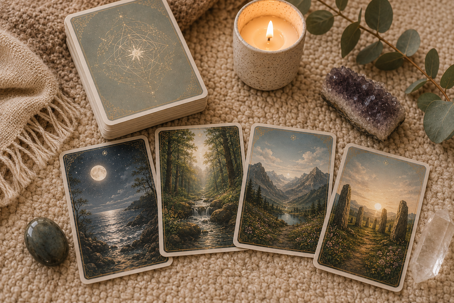 Nature-inspired oracle cards arranged with crystals and soft candlelight on a woven surface, representing intuitive guidance, spiritual insight, and self-reflection.
