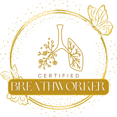 Certified Breathworker Logo, Golden lungs in a tree formation, on a white background surrounded by gold rings, butterflies and sparkles