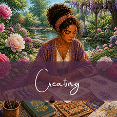 A vibrant illustration of a woman engaged in creative work while seated in a peaceful zen garden filled with large blooming flowers like peonies. Surrounded by artistic elements and soft natural light, the scene represents creativity, flow, and inspired expression.