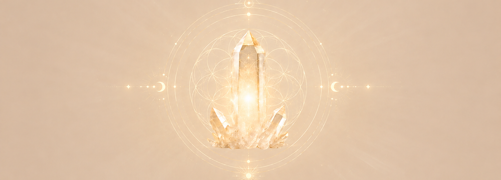 Glowing golden crystal surrounded by sacred geometry and soft light rays on a warm beige background, symbolizing energetic balance, healing, and spiritual alignment.