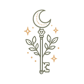 Minimal line art key topped with a crescent moon, surrounded by leaves and stars, symbolizing curiosity, wisdom, and the search for deeper understanding.