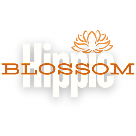 Hippie Blossom logo featuring a lotus flower and modern typography in olive green, white, and orange.