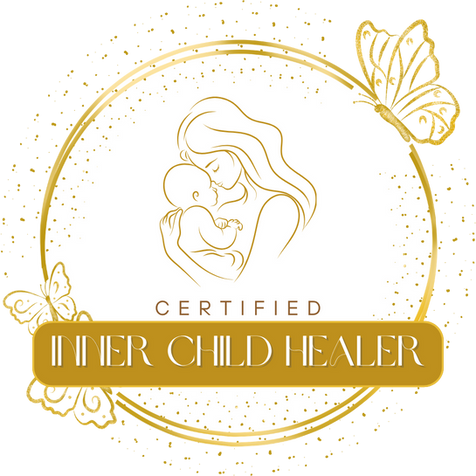 Certified Inner Child Healer Logo, Golden sketch of a mother caressing a baby lovingly on a white background surrounded by gold rings, butterflies and sparkles