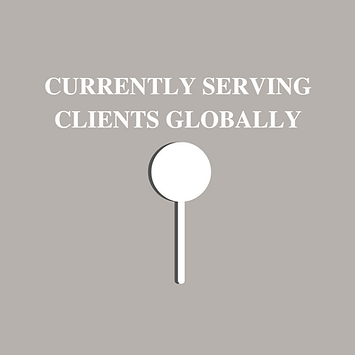 This image shows a tan graphic with white writing and a "maps location" pin. The writing says "currently serving clients globally" which reflects that we are serving clients in the USA, New York, Canada, and more.