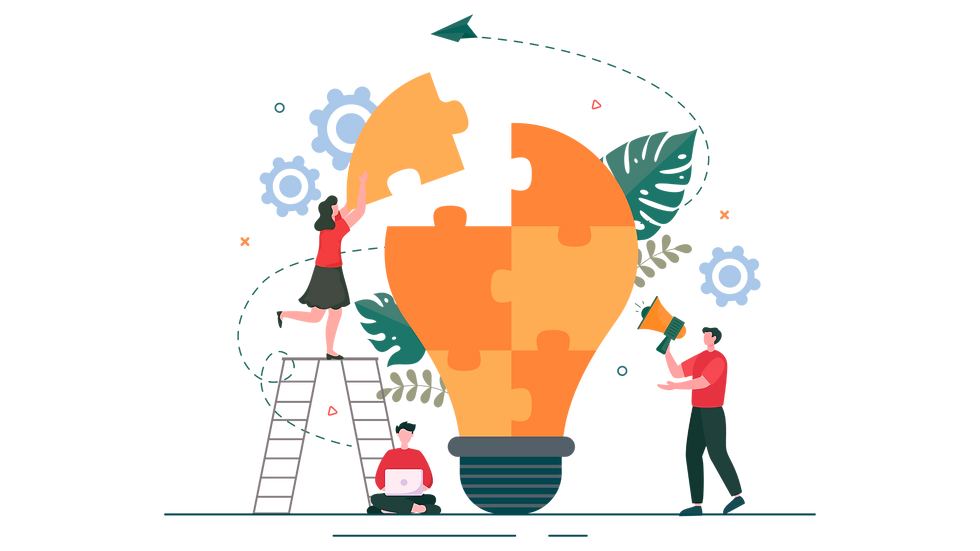 Three people assemble a puzzle lightbulb. One on a ladder, one with a laptop, and one with a megaphone, they presenting different management style.