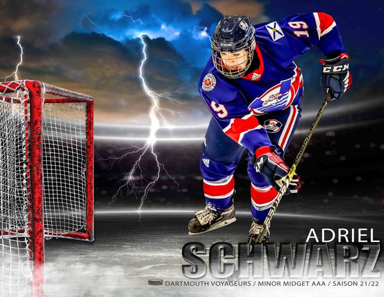 Thunder collage featuring one hockey or ringette player photo, designed with a dramatic, electric theme