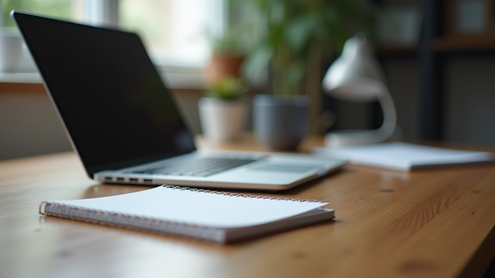 Eye-level view of a laptop and notebook on a wooden desk