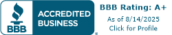 Better Business Bureau (BBB) Accredited Business logo with accreditation details including the business's contact information and accreditation status