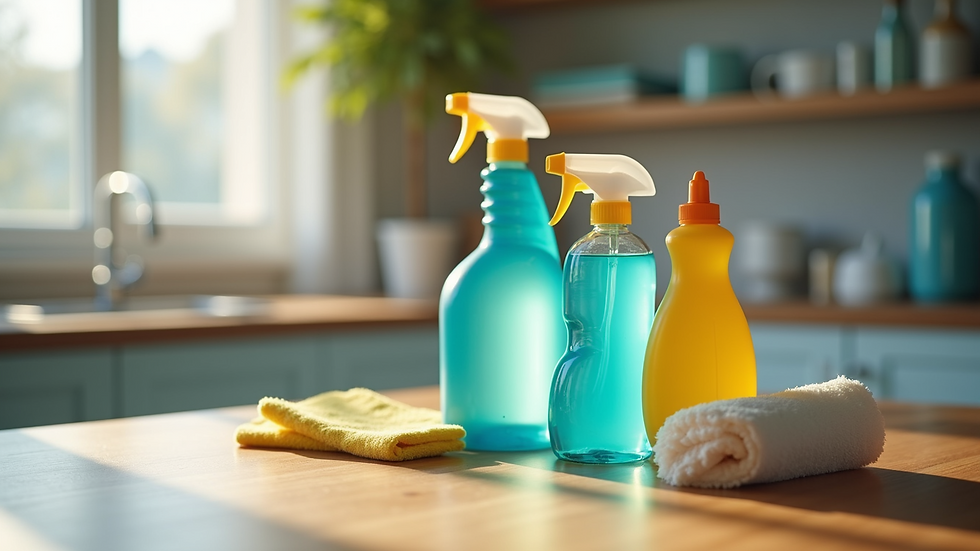 Eye-level view of cleaning supplies arranged on a wooden table