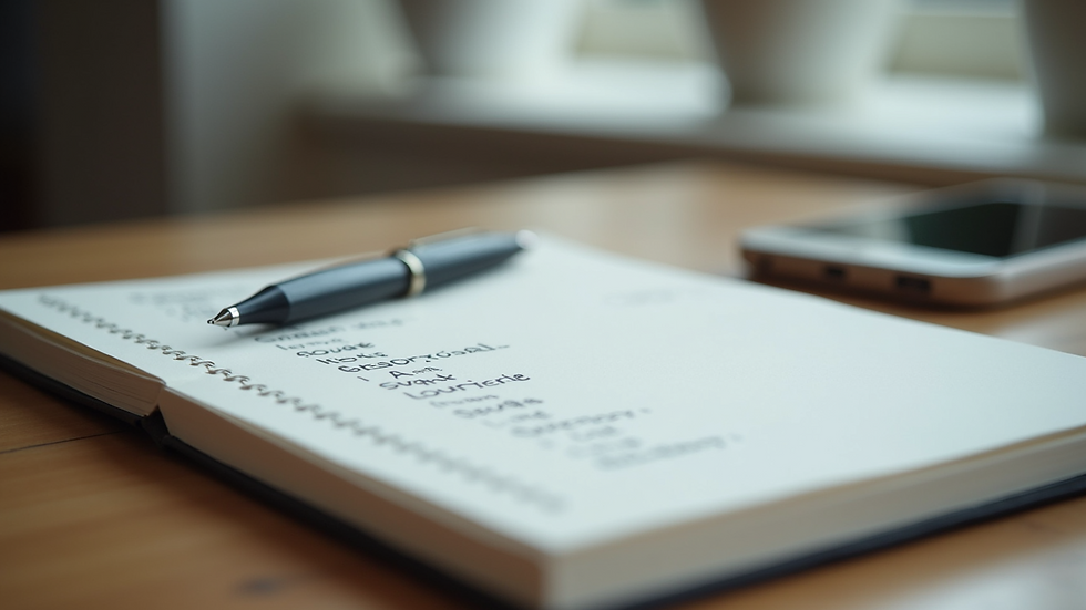 Close-up view of a journal with handwritten goals and a pen