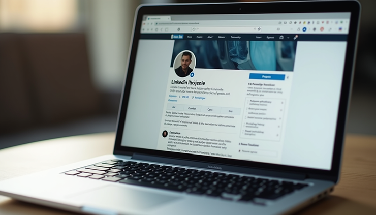 Eye-level view of a laptop screen showing a LinkedIn profile page with highlighted sections