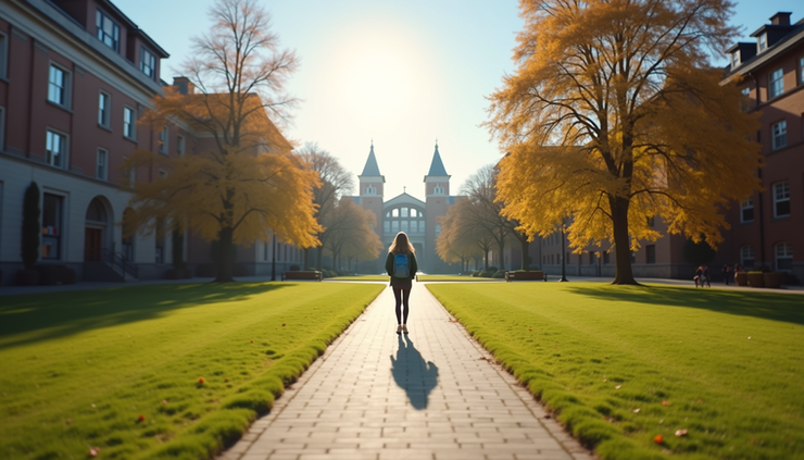 Eye-level view of a university campus pathway with a single student walking forward
