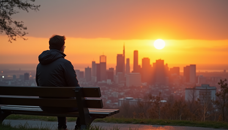 Eye-level view of a single person sitting on a bench looking at a distant city skyline during sunset