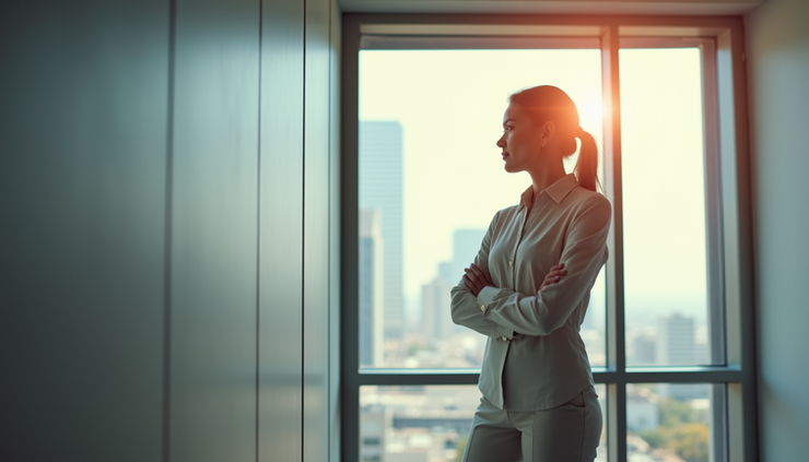 Eye-level view of a confident woman standing in a bright office space looking out a window