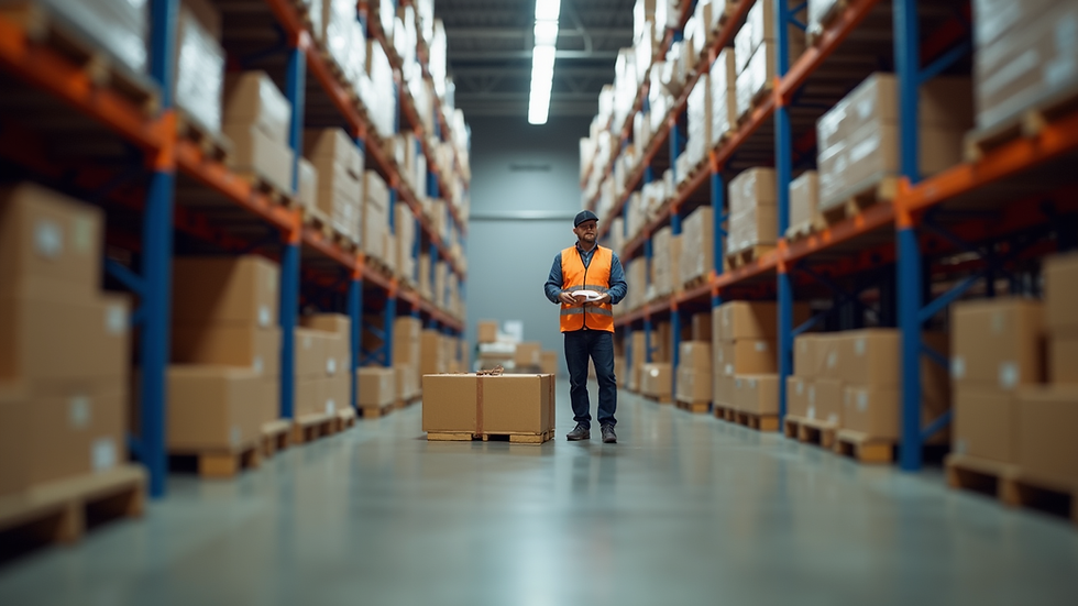 Eye-level view of a courier preparing delivery packages in a warehouse