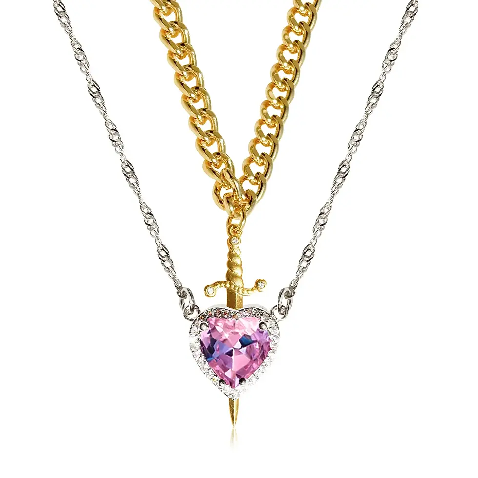 Thumbnail: LATS 2pcs Can Be Assembled Heart and Sword Zircon Pendant Necklace for Women Men