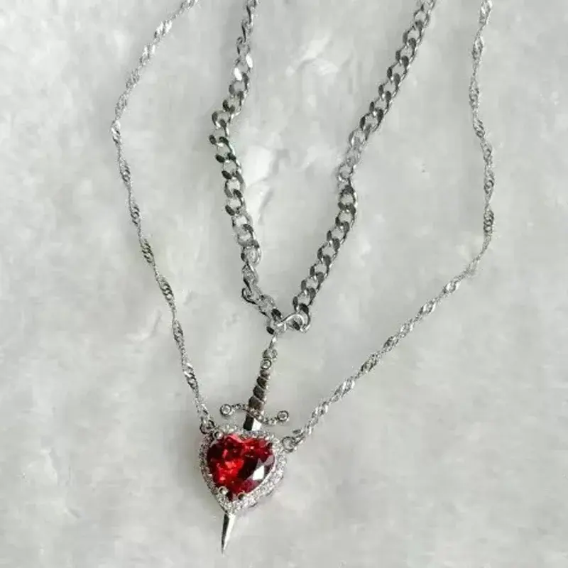 Thumbnail: LATS 2pcs Can Be Assembled Heart and Sword Zircon Pendant Necklace for Women Men