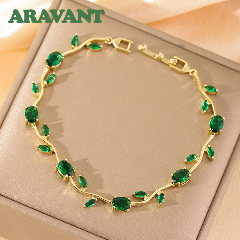 Thumbnail: Aravant 925 Silver 18K Gold Leaves Zircon Bracelet For Women Wedding Fashion Jew