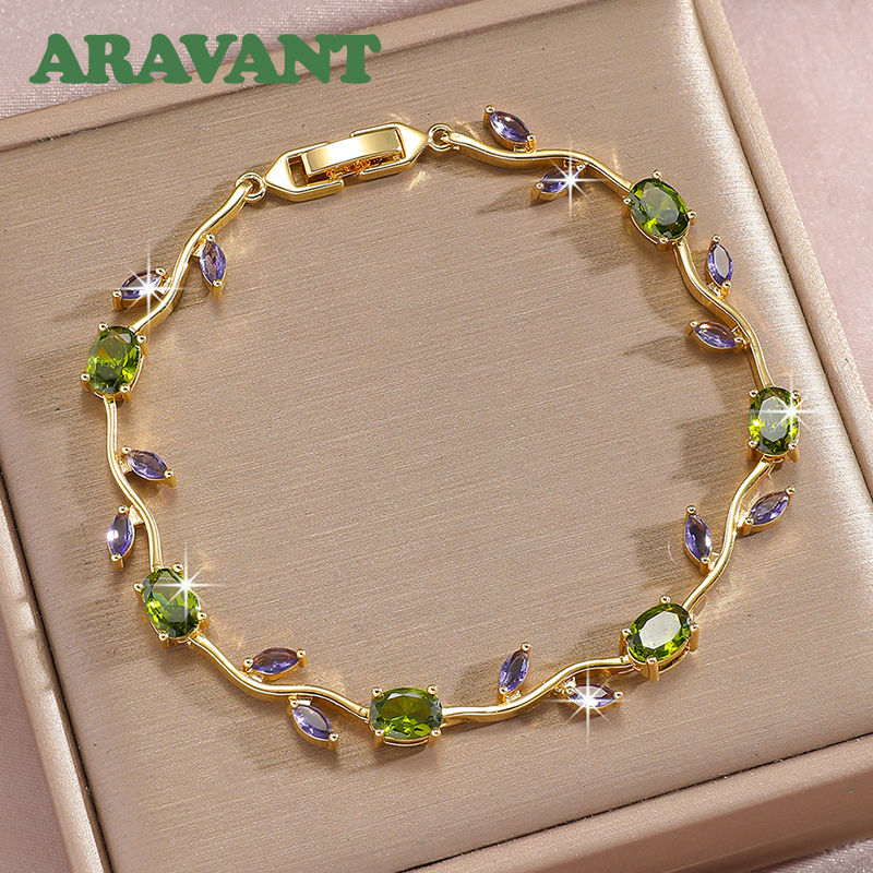 Thumbnail: Aravant 925 Silver 18K Gold Leaves Zircon Bracelet For Women Wedding Fashion Jew