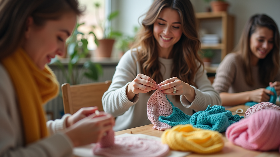 Close-up view of a crochet workshop with participants happily working on their projects