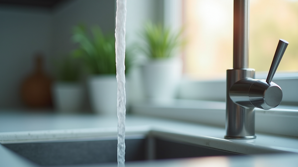 Close-up view of a water filter attached to a kitchen faucet