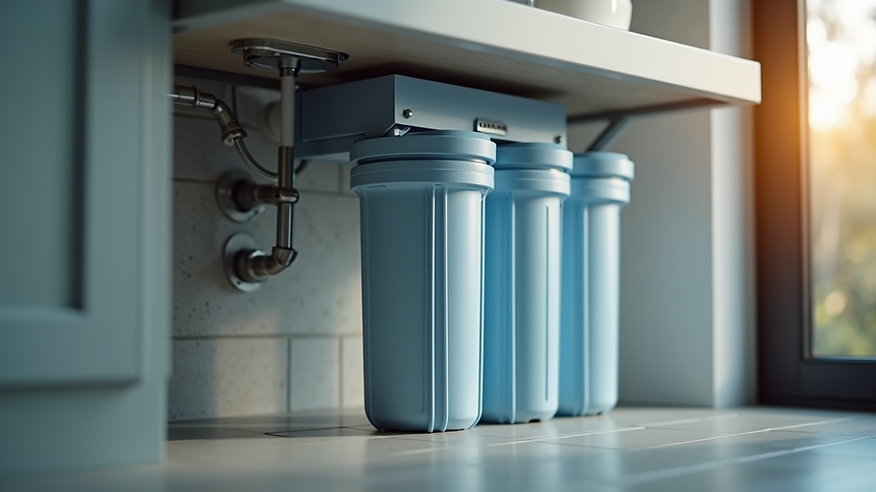 Eye-level view of a home water filtration system installed under a kitchen sink