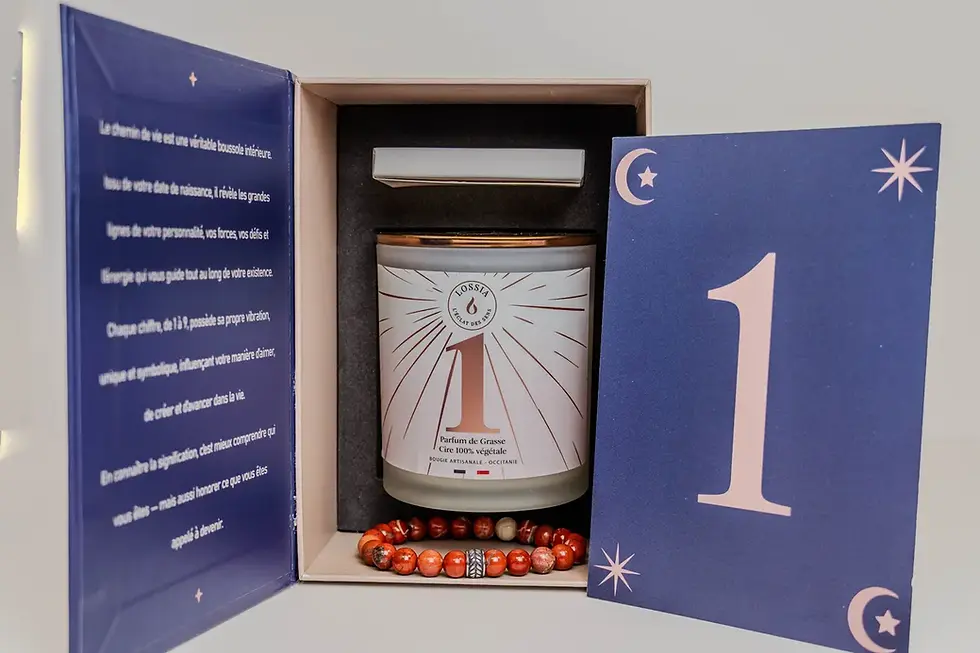 Coffret cadeau avec bougie numérologie 1 et bracelet.
