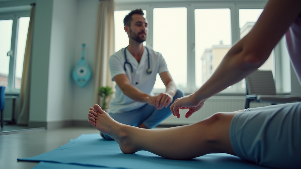 Eye-level view of a physiotherapist guiding a patient through leg exercises