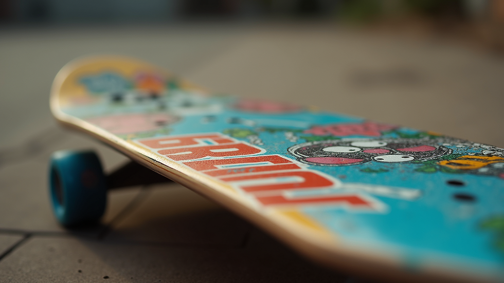 Close-up view of a skateboard deck with vibrant graphics