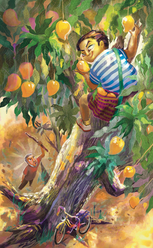 Naughty boy is stealing mangoes