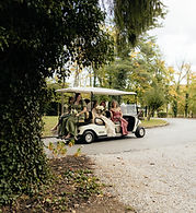 Bride riding away on a golf cart to her wedding ceremony captured by a virginia wedding photographer.