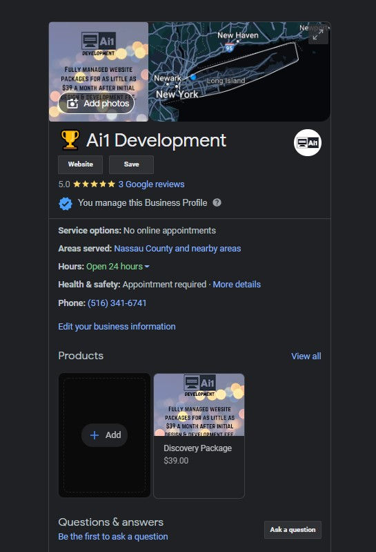 Screenshot of Ai1 Development's Google My Business listing.