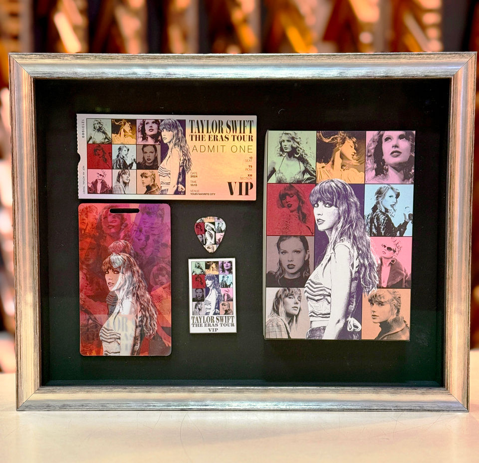 Custom Framing - Taylor Swift Memorabilia Shadow box with black linen.