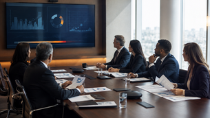 A board meeting looking at a presentation dashboard.