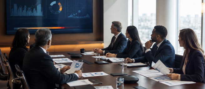 A board meeting looking at a presentation dashboard.