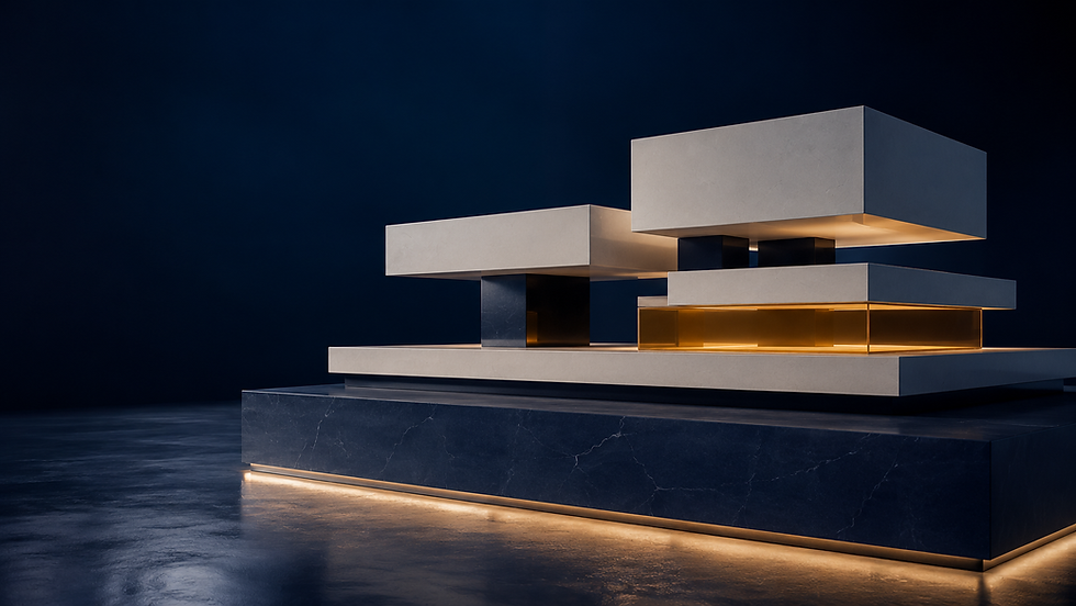 An abstract layered architecture rendered as physical infrastructure, with a foundation layer supporting several smaller structures above it, photographed in a restrained navy and saffron corporate style.
