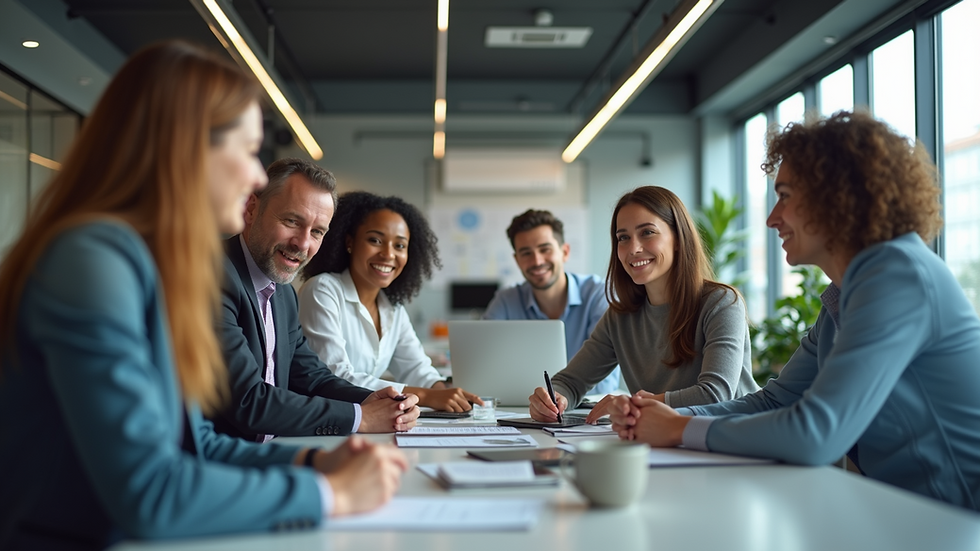 Eye-level view of a diverse team collaborating in a modern office space