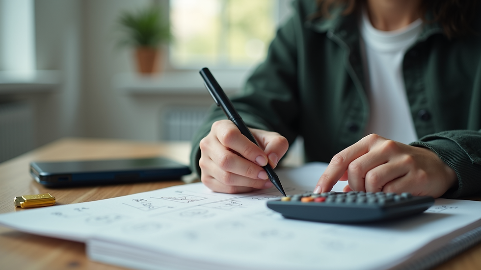 Vue en plongée d'un élève travaillant sur des exercices de mathématiques avec un cahier et une calculatrice